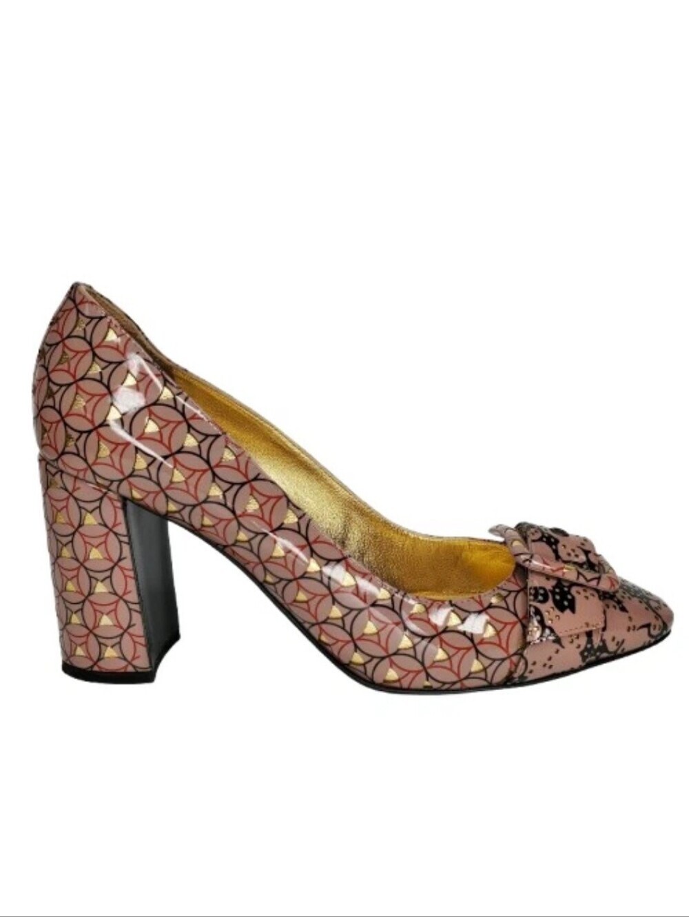 Bottega Veneta Cherbourg Geo-Print Patent Leather Block Heel Pumps
